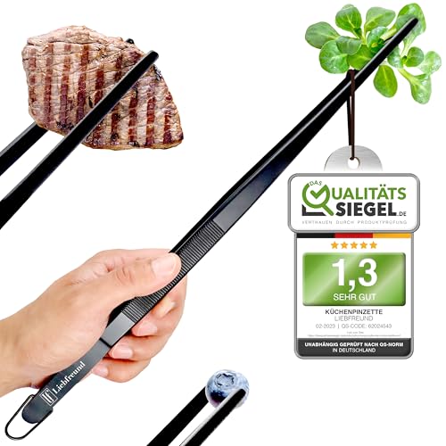 NUR KURZE ZEIT! Edle schwarze Kochpinzette/Grillpinzette (30cm) Edelstahl mit Aufhängung - Stabile Küchenpinzette zum Dekorieren, Anrichten und Wenden von Speisen aller Art