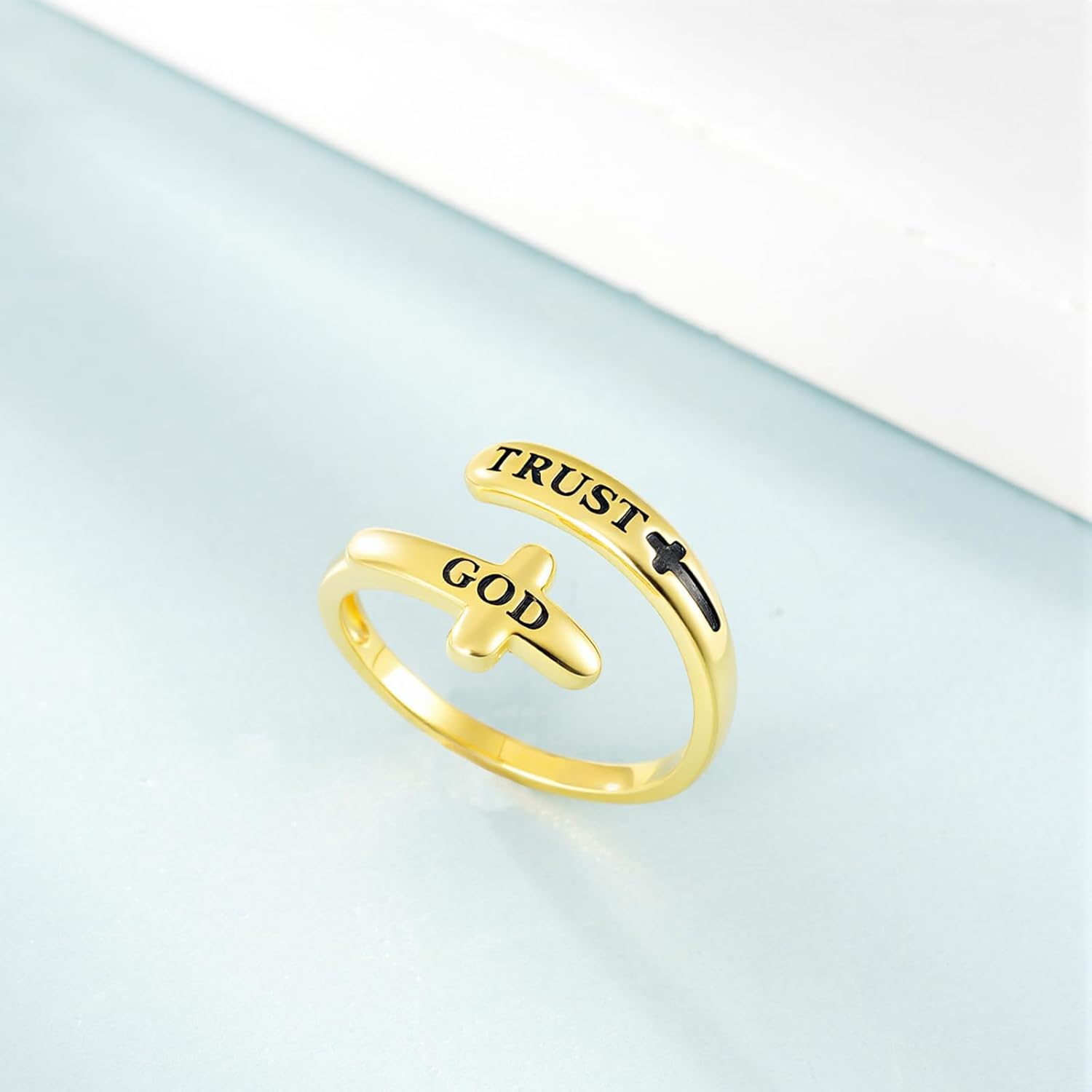 Trust God Ring 925 Sterling Silver Gold Cross Christian Rings Religious Jewelry Gift for Women - Image 3