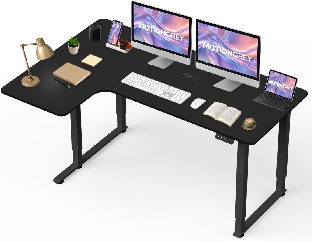 MotionGrey - 63 Inch L Shape Electric Motor Height Adjustable Standing Desk, Commercial Office Ergonomic Stand Up Desk, Adjustable Sit Stand Desk Stand - Black Frame Dual Motors Left Side Table Top