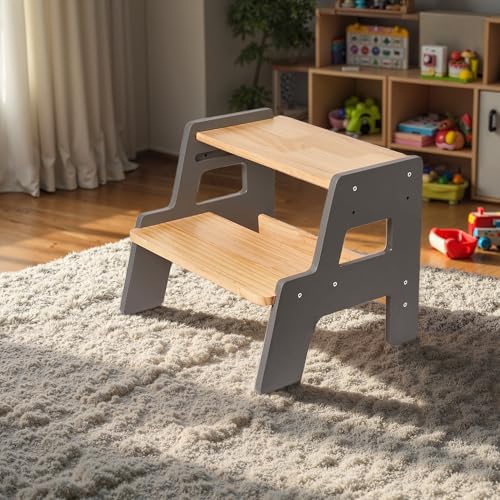 Image of Toddler Step Stool for Kids - Height Adjustable Non-Slip Wooden Step Stool for Bathroom Sink, Kitchen & Potty Training 2-Step - Grey