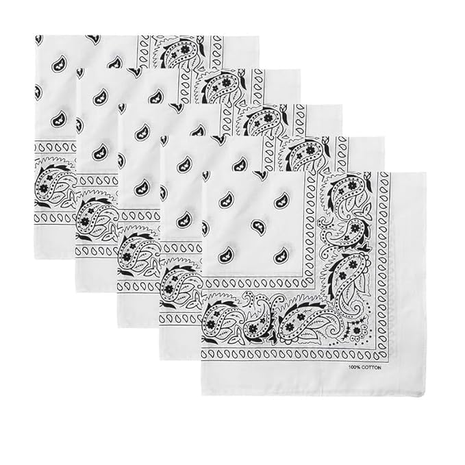 Paisley Printed Bandanas, Pack of 5, White, 52 x 52 cm, Soft Silky Headband, Scarf, for Men and Women, Absorbent-image-23