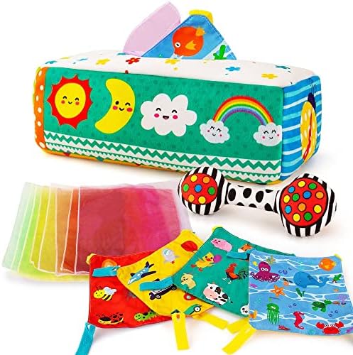 Inbeby Baby Tissue Box Toy for Babies 6-12 Months with Tummy Time Mat & Rattle, Montessori Sensory Tissue Toys for Baby 0-6 Mons Infant Newborn Toddler, High Contrast Developmental Baby Crinkle Toys