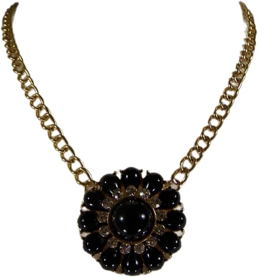 Black Gold Bead Crystal Flower Pendant Statement Collar Bib Necklace Chain Link Medallion Hanging Long Chain Pendant Necklace For Women