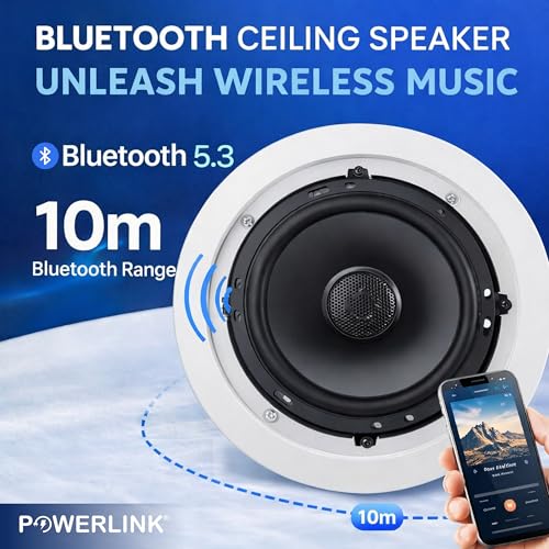 Image of Powerlink 9 inch Bluetooth Flush Mount in-Ceiling 2-Way 30W Speaker System with Built-in Amplifier, Polypropylene Cone & Polymer Tweeter, Stereo Sound, 30W - for Office, Gym, Home Theater