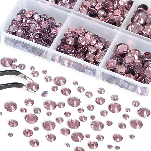 Image of Bymitel Hotfix Crystal Rhinestones Round Gems for Crafts,Mixed 6 Sizes with Wax Pencil Kit, Lt. Amethyst 1.6-6.3mm SS4-SS30 /8000pcs