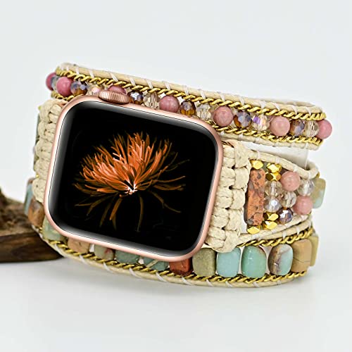 Handmade Boho Watch Band Compatible with Apple Watch 49MM 45MM 44MM 42MM 41MM 40MM 38MM Beaded Wrap Bracelet for iWatch Ultra, Series SE/9/8/7/6/5/4/3/2/1, Fancy Strap for Women