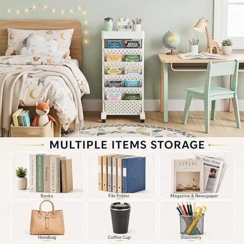 Image of BYFU Plastic 6-Tiered Shelf Rolling Bookshelf, Multi-Functional Storage Rolling File Cart with Lockable Casters for Office Tabletop, Floor Standing Kitchen Classroom Organization and Storage, White