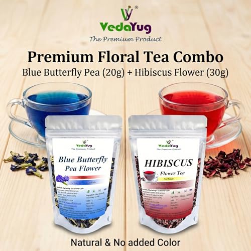 Image of VY VedaYug Herbal Tea Combo Pack | Blue Butterfly Pea Flower 20g & Hibiscus Flower 30g | Caffeine Free Herbal Tea | Total Weight 50g