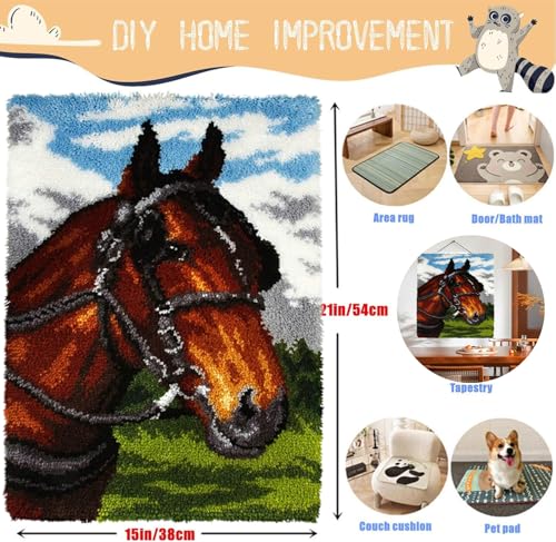 Image of EMISTEM Latch Hook Kits for Adults - DIY Latch Hook Rug Kits , Crochet Kit for Beginners, Rug Making Kits with Printed Canvas, Gift Packaging.(Snow-capped mountains and Fine Horse, 20x15)