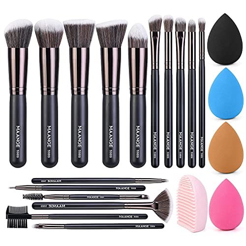 MAANGE Professional Makeup Brushes Set Kabuki Foundation Brush 16 Pcs for Liquid Makeup Brushes with 4 Pcs Makeup Sponges and 1 Brush Cleaner Egg Make Up (Black)
