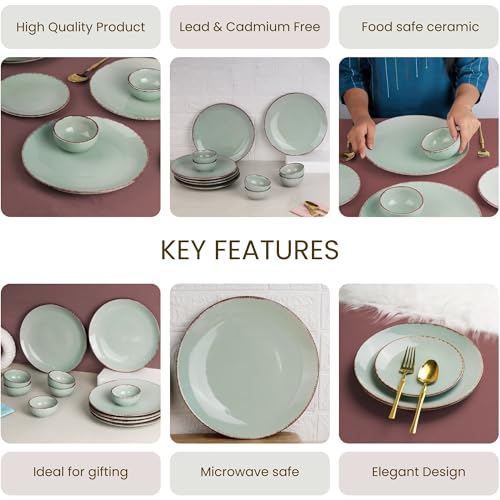 Image of The Earth Store Glossy Mint Marble Ceramic Dinner Set of 12, 6 Full Dinner Plates, 6 Vegetable Bowls | Microwave & Dishwasher Safe Crockery Set for Gift & Dinning