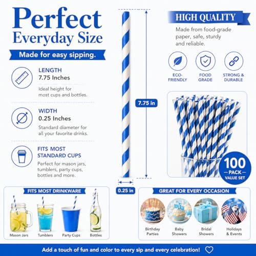 Pack de 100 pitillos de papel azul y blanco rayados 7.75 pulgadas miniatura 2