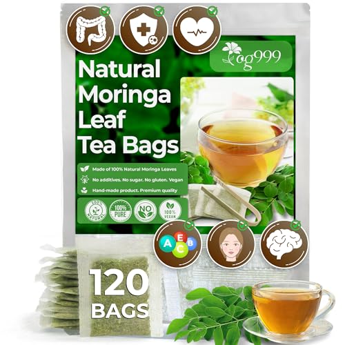 120 Moringa Leaf Tea Bags, 100% Natural & Pure from Moringa Leaves. Loose Leaf Moringa Herbal Tea. Moringa Leaf Tea. No Sugar, No Caffeine, No Gluten, Vegan.