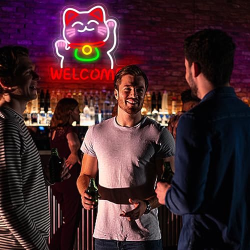 Image of Welcome Cat Neon Sign for Wall Decor Dimmable Lucky Cat Business Neon Light Suitable for Man Cave Store Shop Bar Restaurant Commercial Street Christmas Birthday Gift Size13*13In(WZCP012)