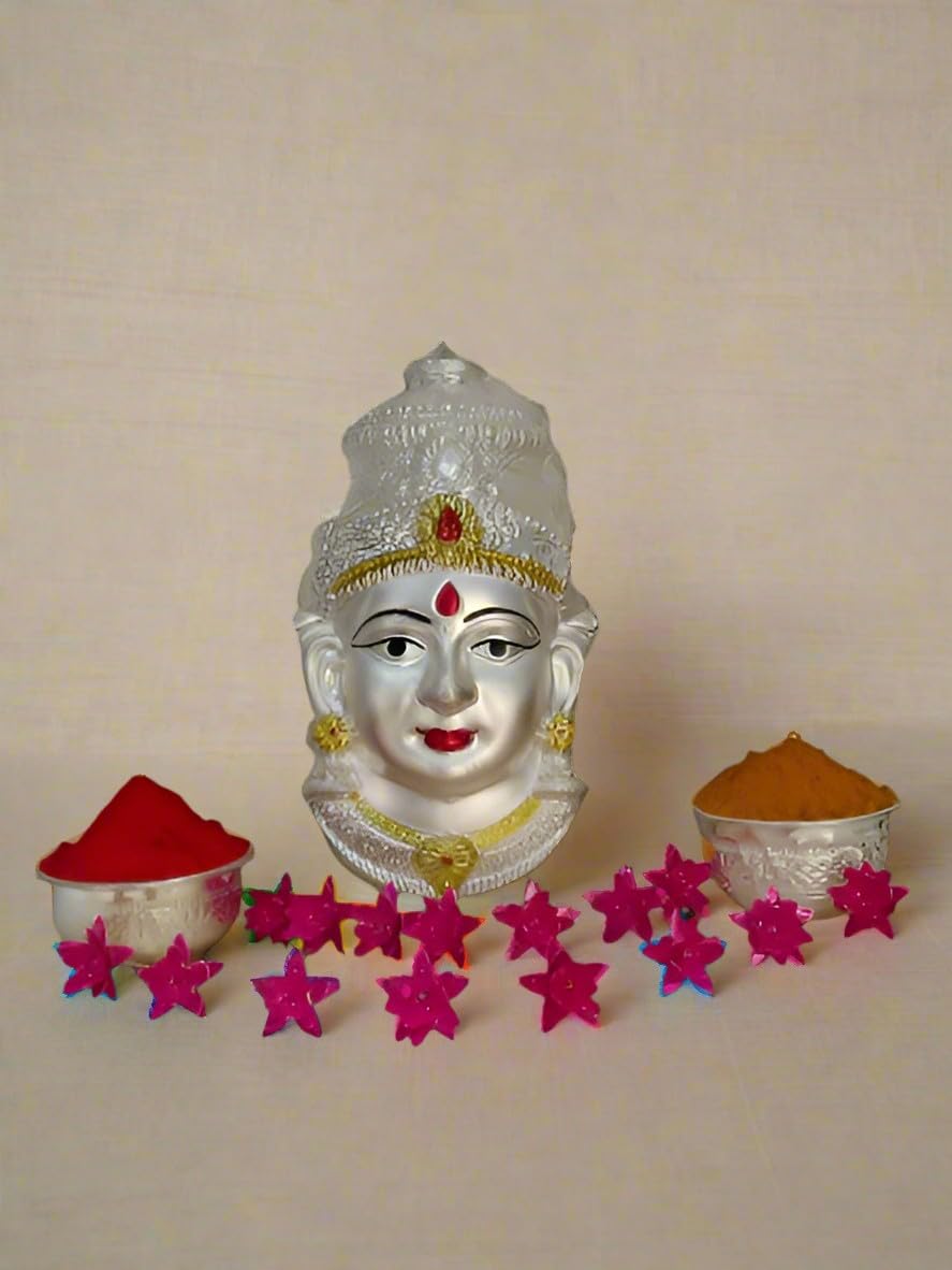 indiancraftsbykanika german silver pooja set lakshmi mukut/face with 15 flowers, 2 bowls for housewarming