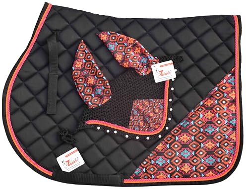 ZAINEE SPORTS Aztec Print Saddle Pad Set with Matching Ear Bonnet – Print Horse Riding Gear – Non-Slip & Breathable/English Show (Horse/Full)