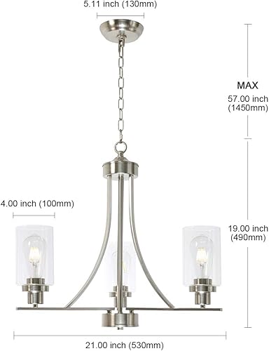 Miniatura 4 de BONLICHT Candelabro contemporáneo de 3 luces de níquel cepillado, accesorios de iluminación modernos para colgar pantallas de vidrio transparente,