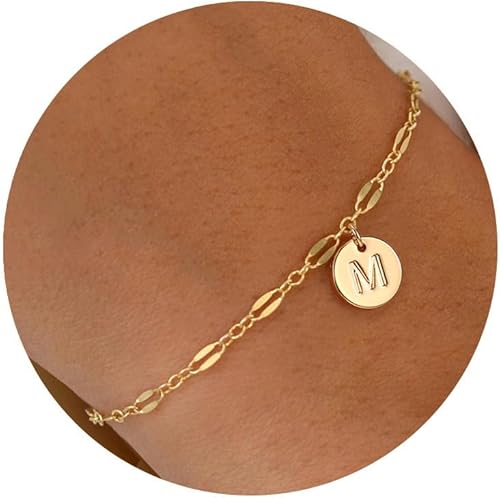 IEFWELL Pulseras con iniciales de oro para mujeres y niñas, chapada en oro de 16 quilates, pulsera personalizada con 26 letras del alfabeto, moneda,