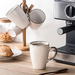 Ceramic Coffee Mug Set 16 Oz Large Coffee Mugs Embossed Stoneware Cups with Handle for Latte Tea Cappuccino Cocoa Microwave Dishwasher Safe Set of 4 White
