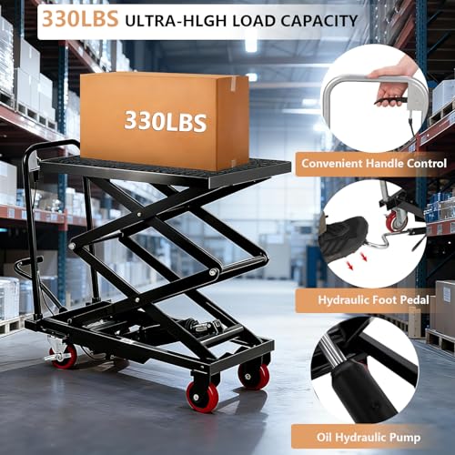 Image of Hydraulic Lift Table Cart, 330 LBS Load Capacity 50 in Lifting Height, Manual Double Scissor Lift Table with Non-Slip Pad and 4 Wheels,Hydraulic Scissor Cart for Material Handling (330 LBS - Double)
