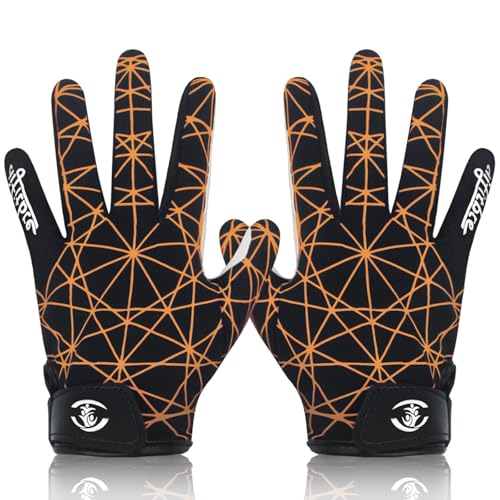 AMYESE Youth Football Gloves -Sticky Football Receiver Gloves with Tacky Silicone Palm for Kids Girls Boys Flag Football Practice Games, Quick-Dry Orange Web Pattern Excellent Grip Football Gloves