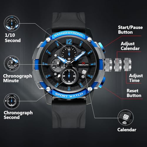 Image of MEGALITH Heavy Duty Watches for Men: Sport Military Analog Wrist Watch | 1 /10 Sec Chronograph, Large Face, Silicone, Waterproof Luminous, Black Everyday Watch, Work Outdoor,Gifts for Husband Father