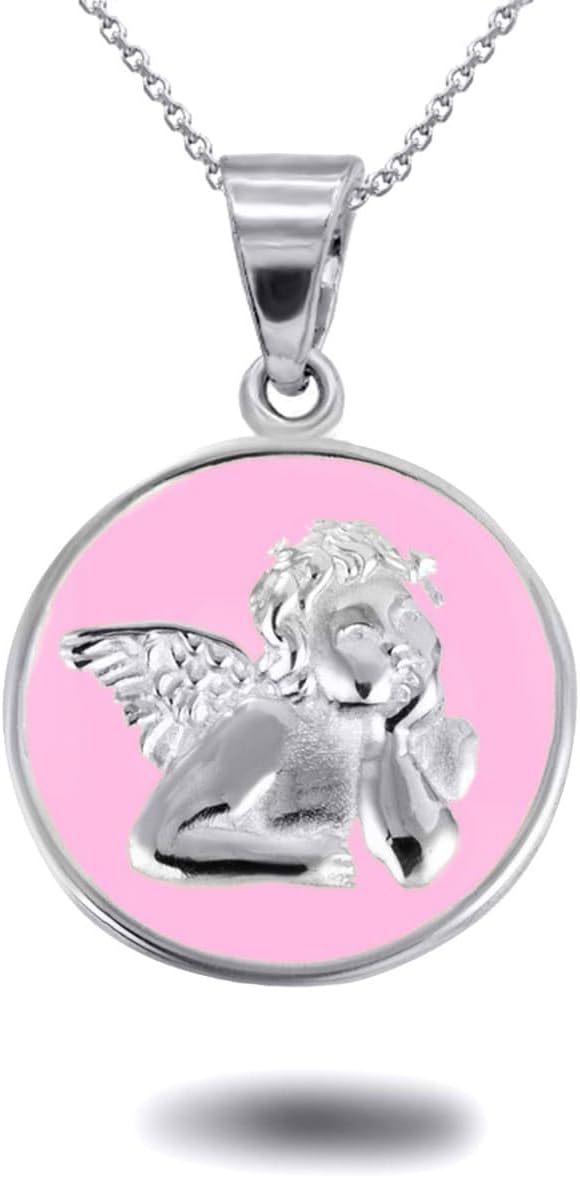 Claddagh Gold Cupid Love Angel Enamel Medallion Pendant Necklace in Sterling Silver