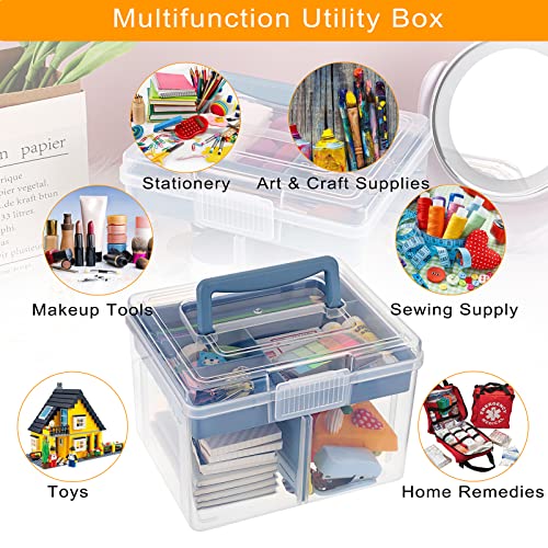 Image of BTSKY 2 Layer Clear Plastic Dividing Storage Box with Removable Tray Multipurpose Stationery Storage Box with Handle Portable Sewing Box Art Craft Supply Organizer Home Utility Box (Small Blue)