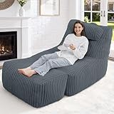 HABUTWAY Giant Bean Bag Chairs for Adults,Big Bean Bag Lounger with Removable Cover,Large BeanBag Chair with Ottoman&Storage Pocket,Foam Filled Bean Bag Sofa for Living Room,Bedroom-Plush Dark Grey