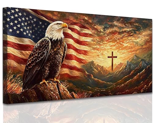 RTWIB Patriotic Eagle American Flag Wall Art, Rustic Mountain Sunrise