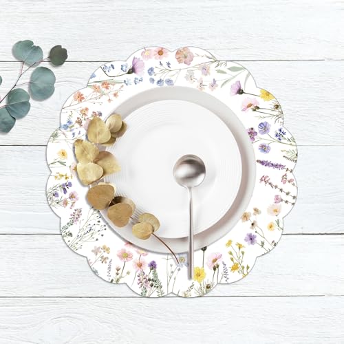 G.R.I - 50 Pcs Summer Flower Paper Place Mats, Watercolor Wildflower Butterfly Disposable Scalloped Place Mats, Spring Floral Round Placemats for Bridal Shower Birthday Wedding Baby Shower Party by G.R.I - Used condition - Image 5