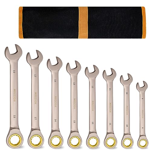 Meccion 8Pcs Fixed Head Ratchet Spanner Set 8mm-19mm Professional Chrome Vanadium Steel Forged Combination Wrench - Black Nickle Plated