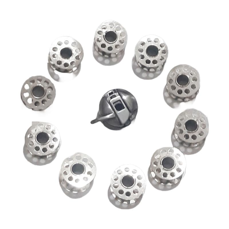 FINEWORLD[FW-BOBC-11]Stainless Steel Sewing Machine Bobbins With Bobbin Case,for All Domestic Machines.[Pack of 10 Bobbins With 1 Bobbin Case.]