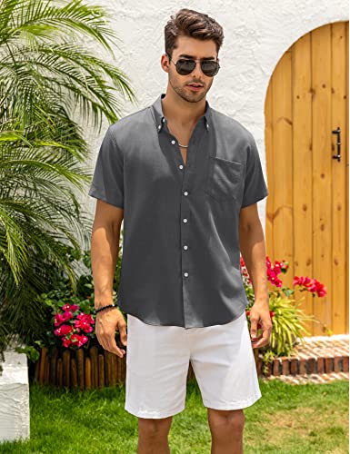 Astoseu Mens Linen Shirts Short Sleeve Regular Fit Classic Beach Summer Casual Button Down Shirts Black L #TOP5