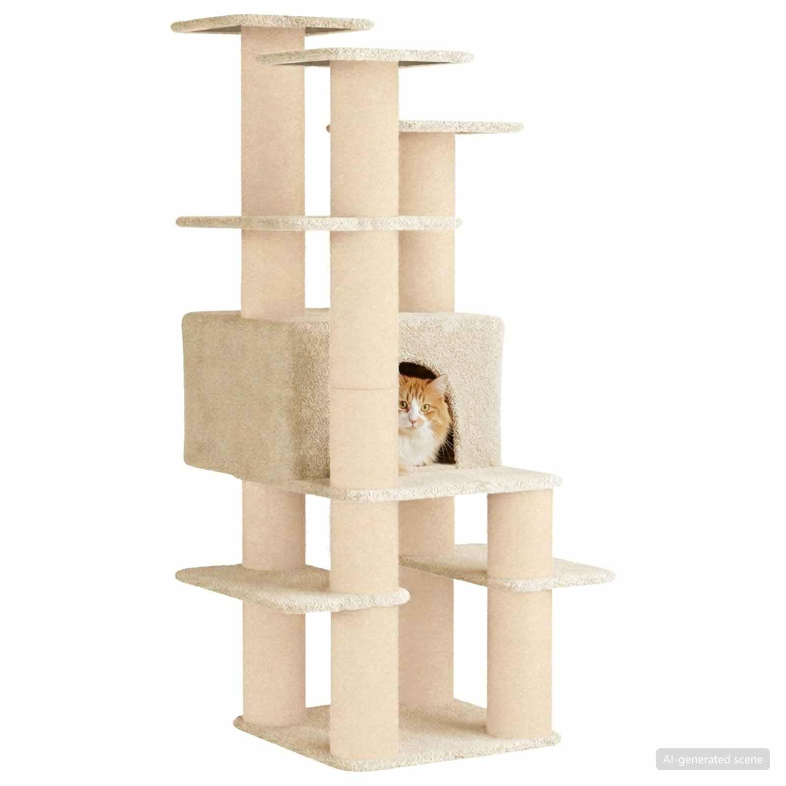 Árbol para gatos con columnas rascadoras de sisal, color crema, 161 cm, árbol trepador de varios niveles con cueva, superficies de descanso y muebles rascadores para apartamentos, habitaciones