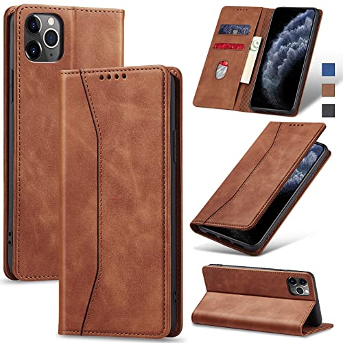 Image of Jasonyu Flip Wallet Case for iPhone 11 Pro Max,Leather Magnetic Folio Cover with Card Holder,Kickstand - TPU Shockproof Durable Protective Phone Case,Brown