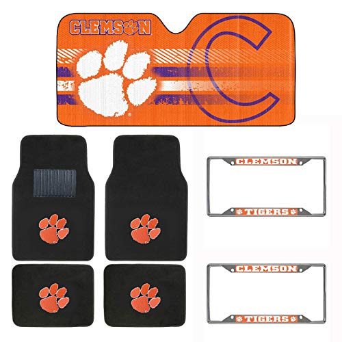 AAC NCAA Carpet Floor Mats Bundle with License Plates and Sunshade for Clemson Tigers Fans Officially Licensed(7 Items)