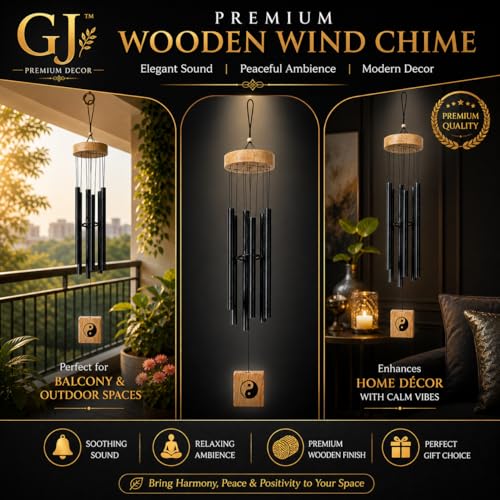 Image of GJ Premium Wooden Wind Chimes for Home & Office | 7 Pipe Metal Rod Wind Chimes with Wooden Top 16-24 CM Tubes | Soothing Sound, Positive Energy for Balcony, Entrance & Garden (Black1)