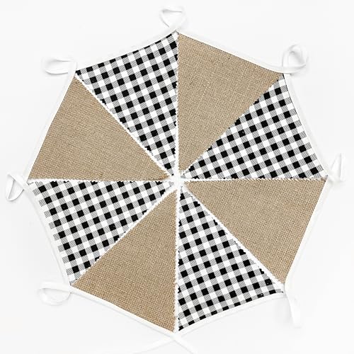 Image of 26Ft Black Gingham Plaid Burlap Banner Black Checkered Burlap Pennant Triangle Flag Garland Streamers Vintage Wall Hanging for Rustic Birthday Wedding Baby Shower Boho Picnic Camping Christmas Decor