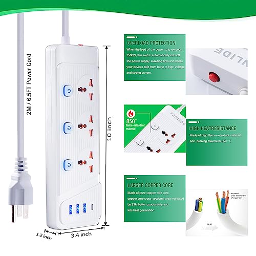 FANLIDE Multitoma Universal con USB para Hogar Oficina, Blanco miniatura 3