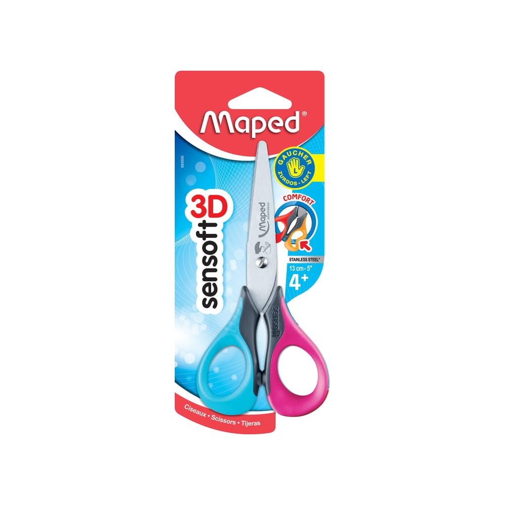 Maped - Nożyce dla leworęcznych SENSOFT, 13 cm, elastyczne i ergonomiczne uchwyty, zaokrąglona końcówka – niebiesko-różowe, niebiesko-szare, pomarańczowo-czerwone