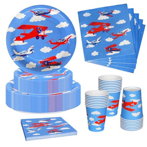 Nkaiso Louça de festa de aniversário, 96 peças aviões de louça, aniversário infantil Party decoração conjunto com pratos copos guardanapos para decoração de festas - 24 convidados