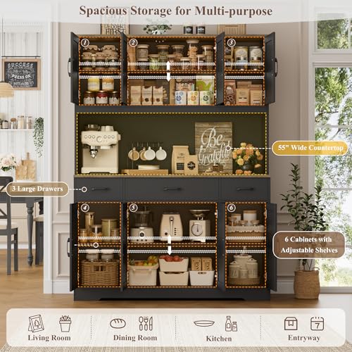 Image of HOSTACK 71 inch Tall Kitchen Pantry Storage Cabinet, 55 inch W Kitchen Hutch, Black | Large Pantry Cabinet with Charging Station / Countertop / 3 Drawers, Farmhouse Hutch Cabinet with Storage for Dining Room