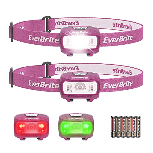 EverBrite Lampe Frontale avec 3 Lumières Blanche, Rouge et Verte, 300 LM, 5 Modes d'Eclairage, Torche Frontale Réglable pour Pêche, Camping, Lecture, Randonnée, 6 Piles AAA Incluses (Rose)