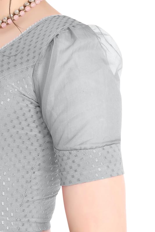 Image of FINESTFIT Stay On Trend Fashion 100% Cotton Readymade Blouses for Women,Round Neckline with Organza Balloon Sleeves.