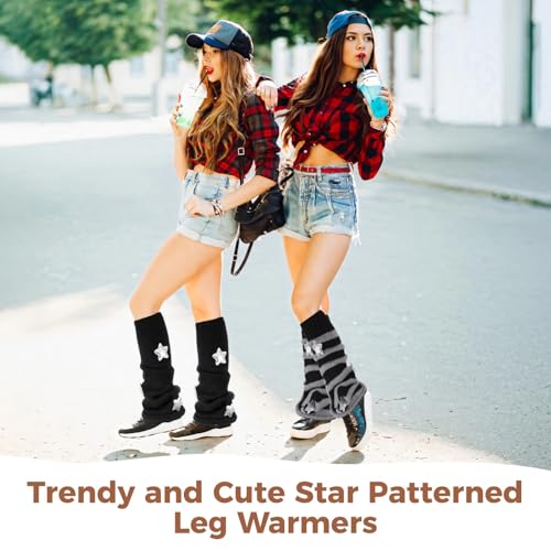 6 Pairs Star Patterned Leg Warmers, Knit Knee-High Socks, Soft Stretchy Acrylic Fiber, Perfect for Chunky Shoes and Daily Outfits, Black, White, Gray, and Striped Styles2