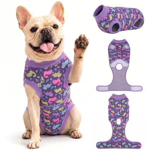 Image of PetWarm Dog Surgical Suit Spay, Onesie for Dogs After Surgery, Substitute E-Collar and Cone, Pet Surgery Recovery Suit, Anti-Licking Dog Surgery Recovery Suit Soft, Dinosaur Pattern, Purple, M