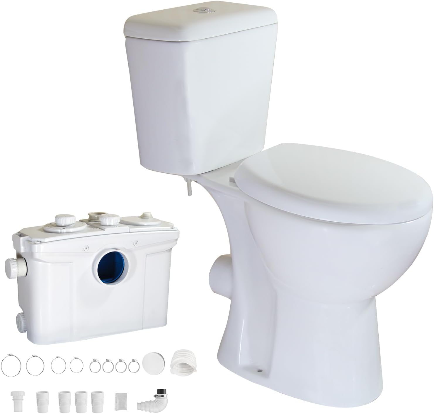 WinZo Macerator Pump Two Piece Toilet Upflush System for Basement Extra Tall 19" Comfort Bowl With Dual Flush Toilet Tank & Pump for Sink, Toilet, Bathtub, White (750W Macerating Toilet)