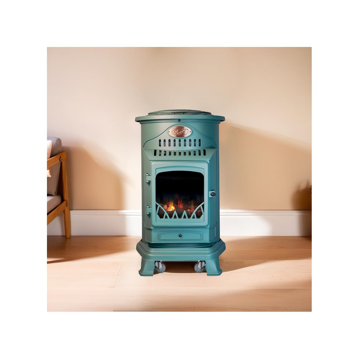 Sahara - Poêle à gaz Provence 3,4 KW Vert Effet poêle à Bois Fonte véritable Chauffage d'appoint + Tuyau gaz et détendeur gaz