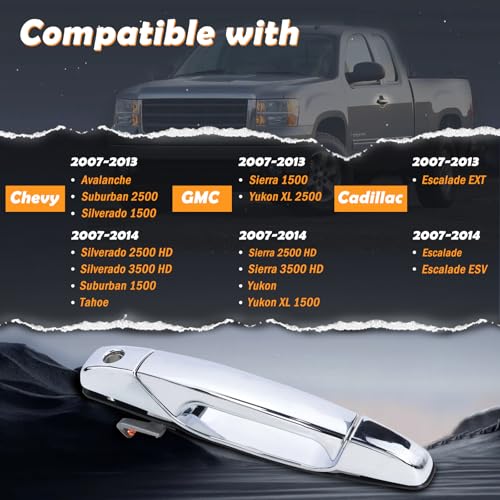 Exterior Chrome Door Handle Front Left Driver Side Compatible with 2007-2014 Chevy Silverado Suburban Avalanche Tahoe, GMC Sierra Yukon, Cadillac Escalade Replaces# 20828258, 22738721, 25960525
